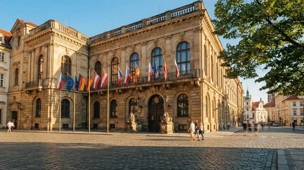 Historická úřední budova s vlajkami na slunečném náměstí — 30, 50, 100, 150 free spinů bez vkladu