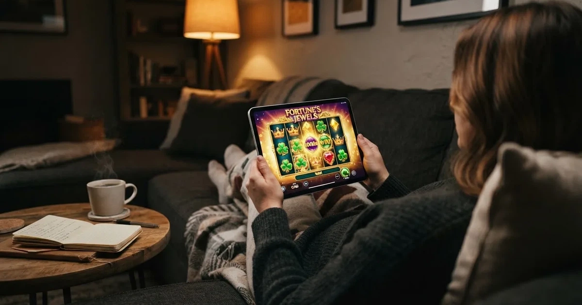 Hráč na gauči s tabletem, šálek kávy na stolku, teplé světlo — 50, 100, 150, 200 free spins za první vklad