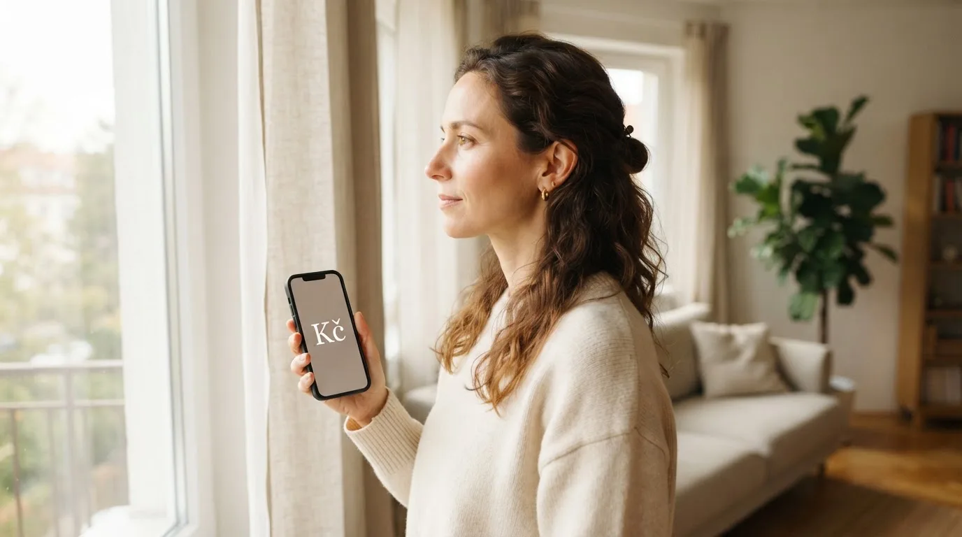 Žena v obývacím pokoji drží telefon a zamyšleně hledí z okna za dne.