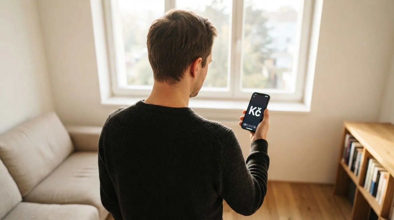 Muž v obývacím pokoji drží telefon a zamyšleně hledí z okna za dne.