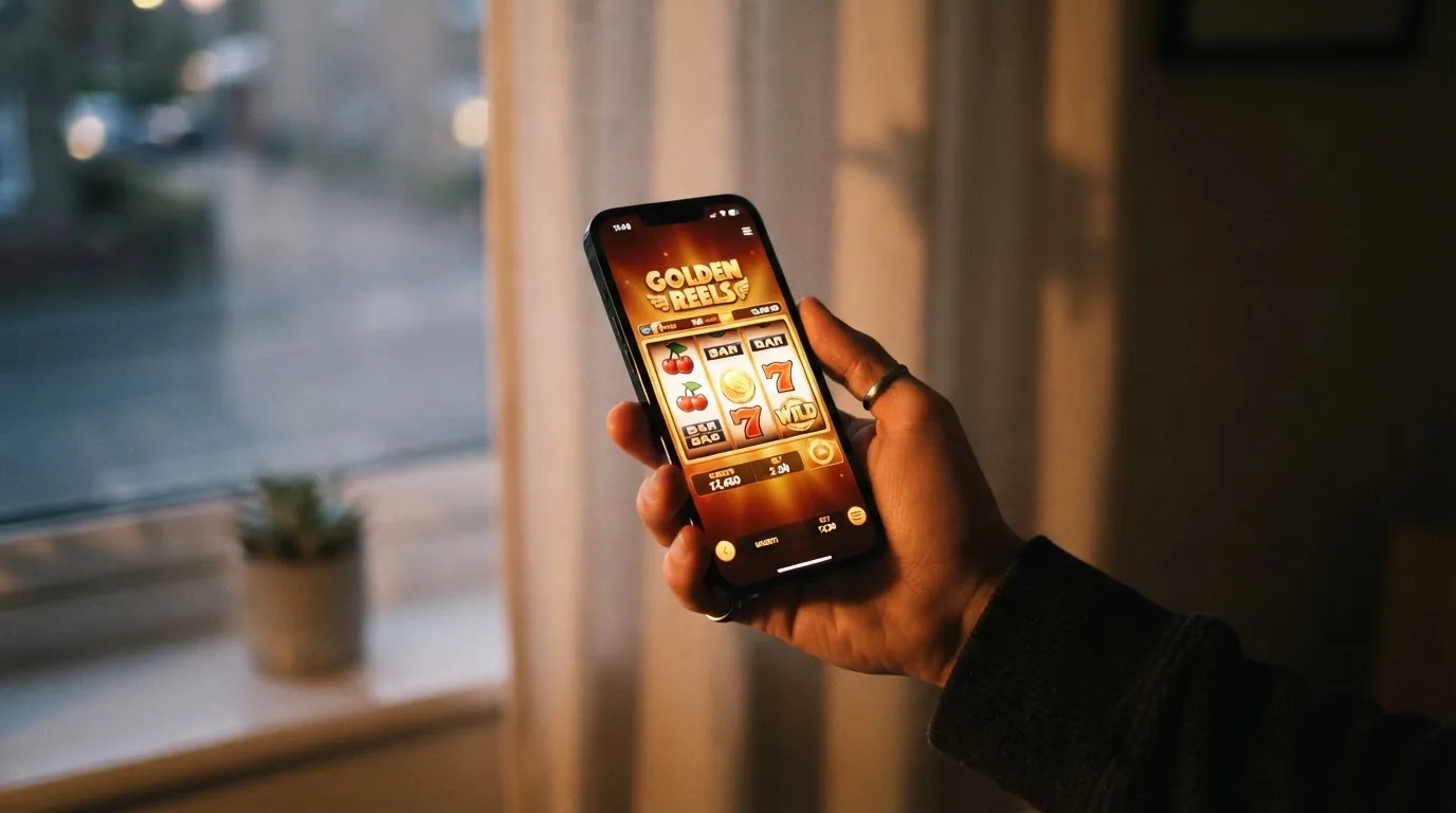 Ruka drží chytrý telefon u okna, klidné večerní světlo — bezpečné zahraniční casino pro české hráče
