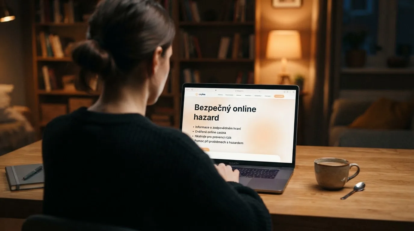 Člověk u notebooku čte informační stránku o online hazardu v Česku — bezpečné zahraniční casino pro české hráče