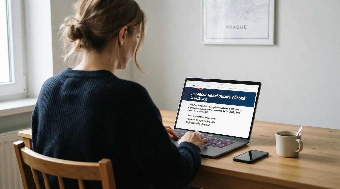 Člověk u notebooku čte informační stránku o online hazardu v Česku — bonus za založení účtu casino