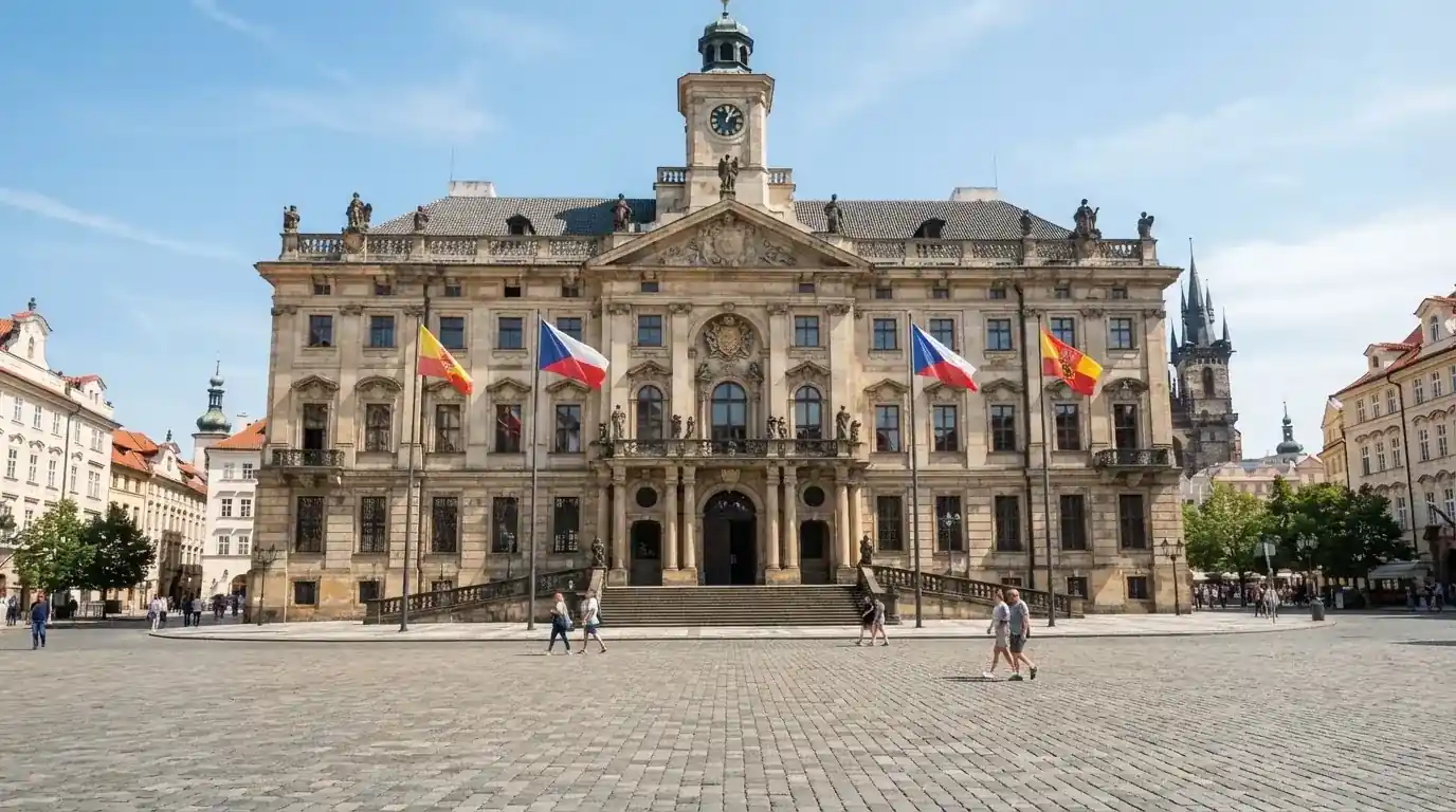 Historická úřední budova s vlajkami na slunečném náměstí — casina bez nutnosti vkladu s bonusem
