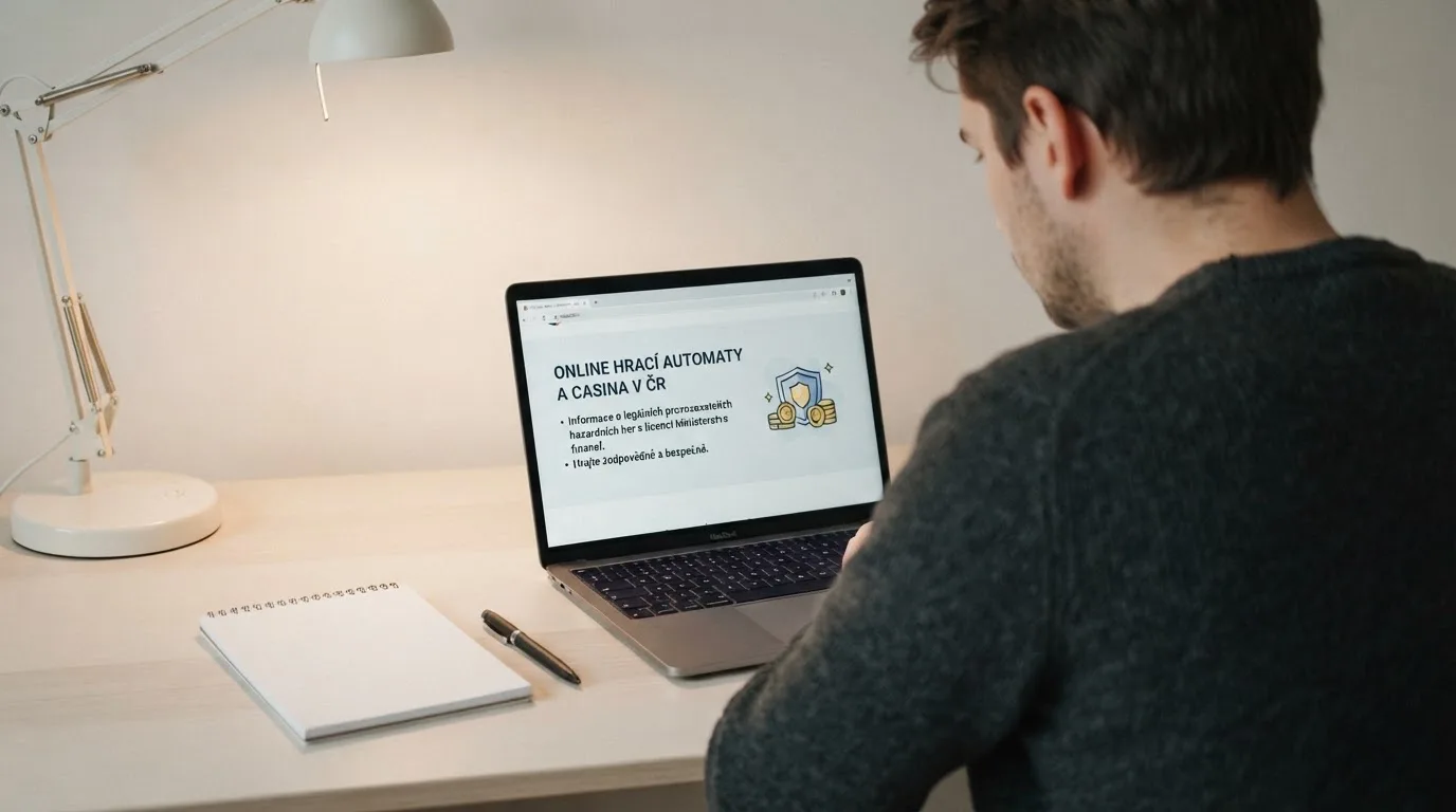 Člověk u notebooku čte informační stránku o online hazardu v Česku — casina bez nutnosti vkladu s bonusem
