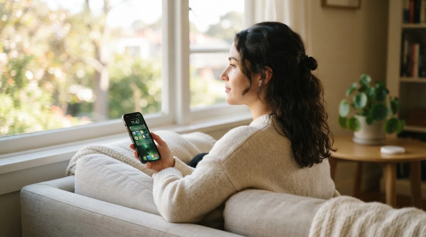 Žena v obývacím pokoji drží telefon a zamyšleně hledí z okna za dne.