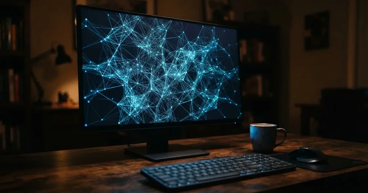 Detailní záběr na digitální síť propojených bodů svítících na tmavé obrazovce počítače.