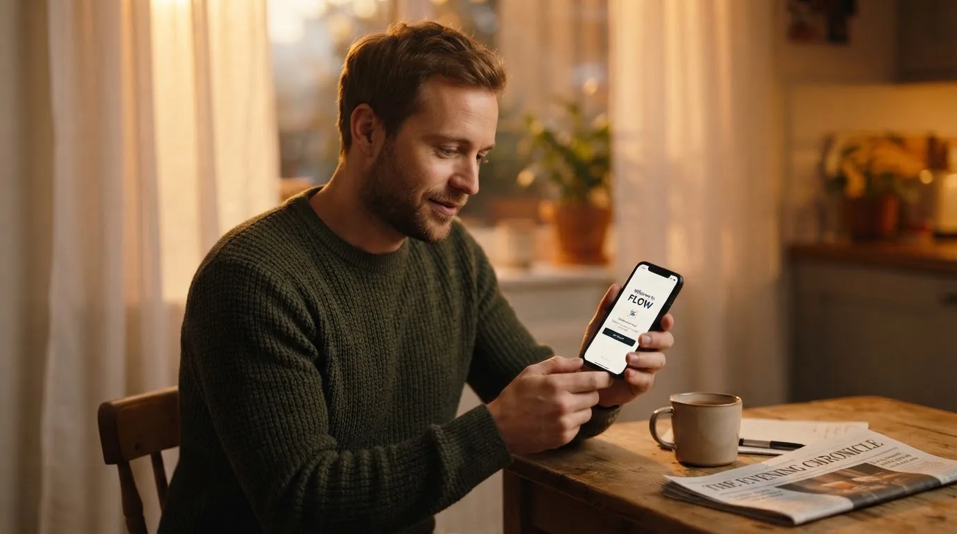 Muž sedí u stolu a poprvé otevírá aplikaci na chytrém telefonu v podvečer.