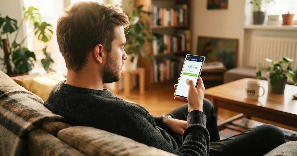 Mladý muž sedí doma na pohovce a soustředěně drží chytrý telefon oběma rukama při zadávání čísla.