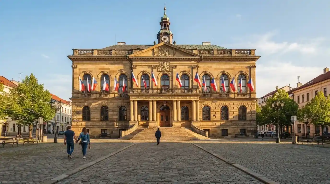 Historická úřední budova s vlajkami na slunečném náměstí — casino minimální vklad 1, 5, 10 euro