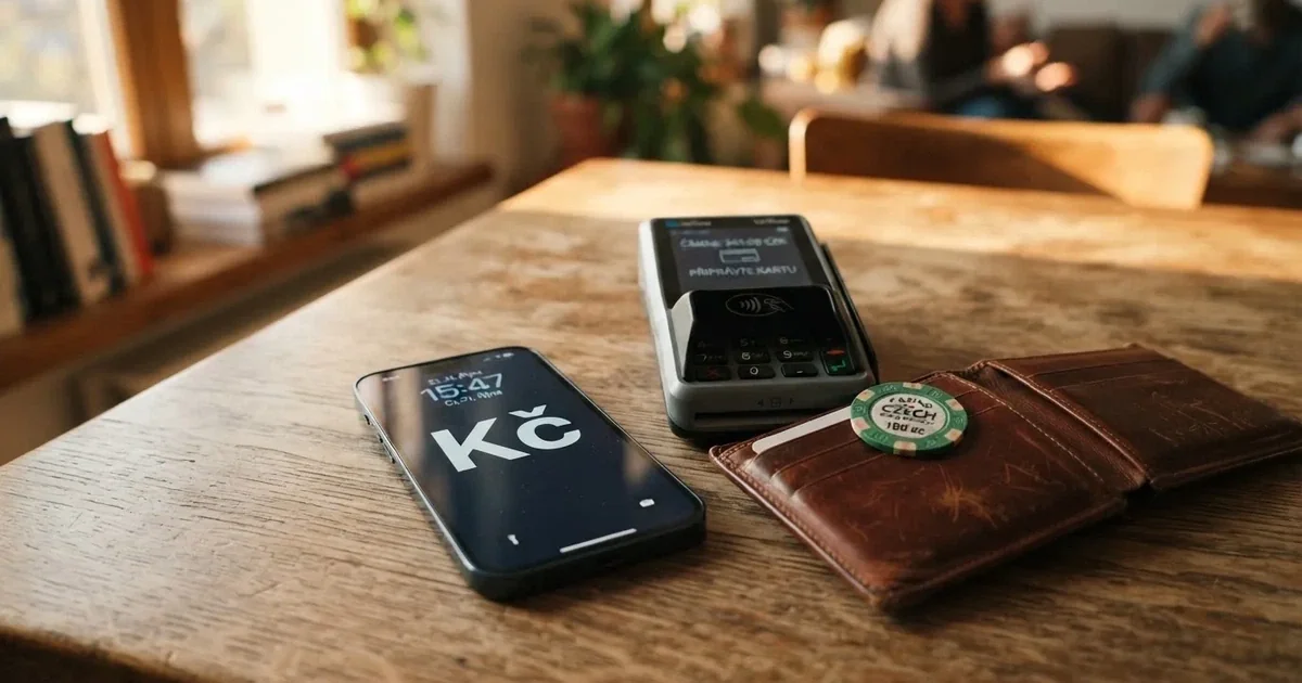 Platební terminál a telefon na dřevěném stole vedle peněženky — casino minimální vklad 100 kč