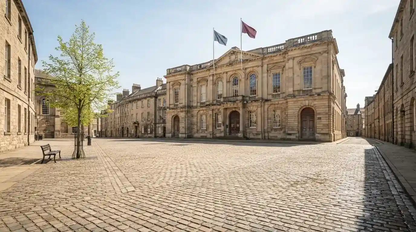 Historická úřední budova s vlajkami na slunečném náměstí — casino minimální vklad 100 kč