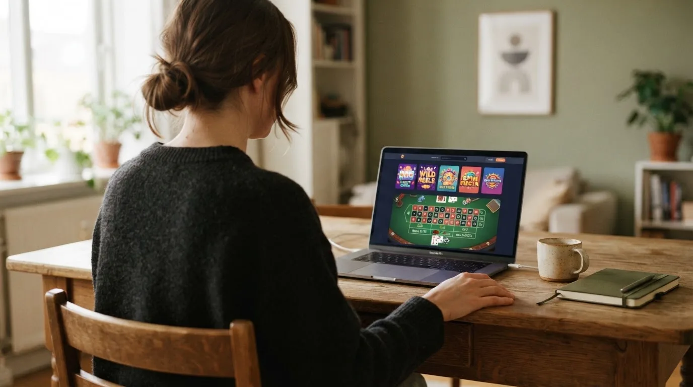 Člověk u notebooku čte informační stránku o online hazardu v Česku — casino minimální vklad 100 kč