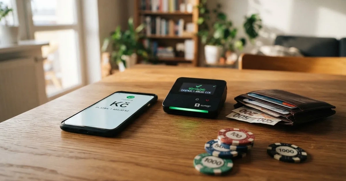 Platební terminál a telefon na dřevěném stole vedle peněženky — casino okamžitý výběr