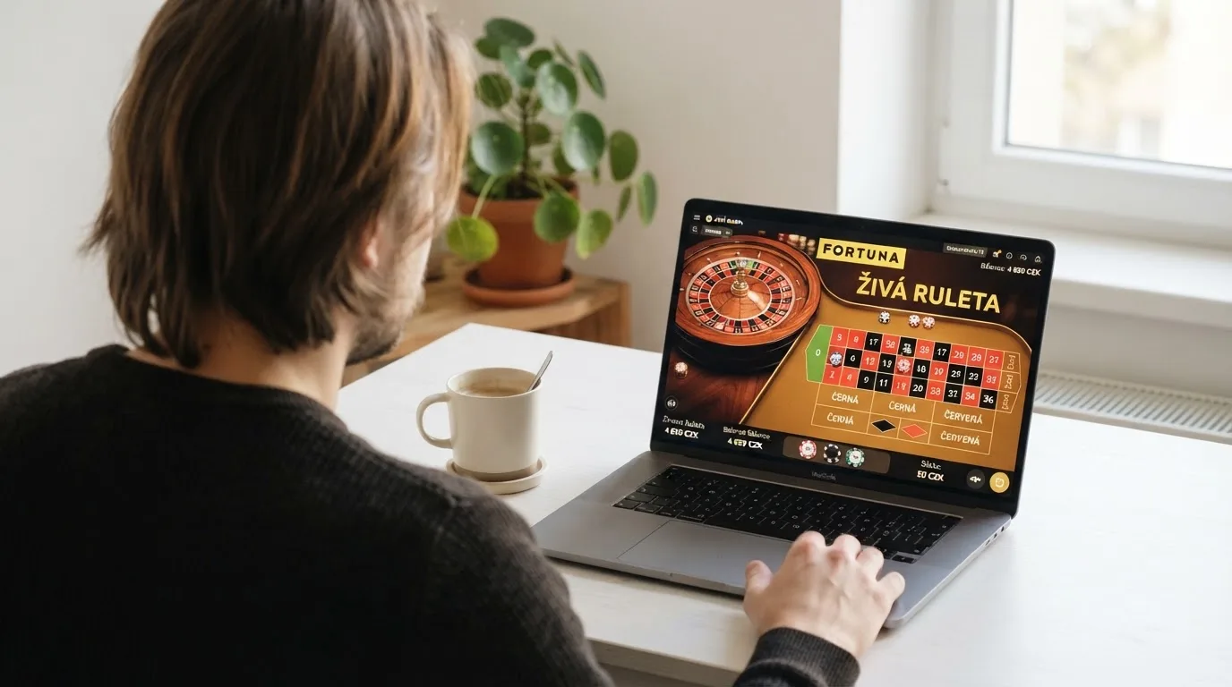 Člověk u notebooku čte informační stránku o online hazardu v Česku — casino okamžitý výběr