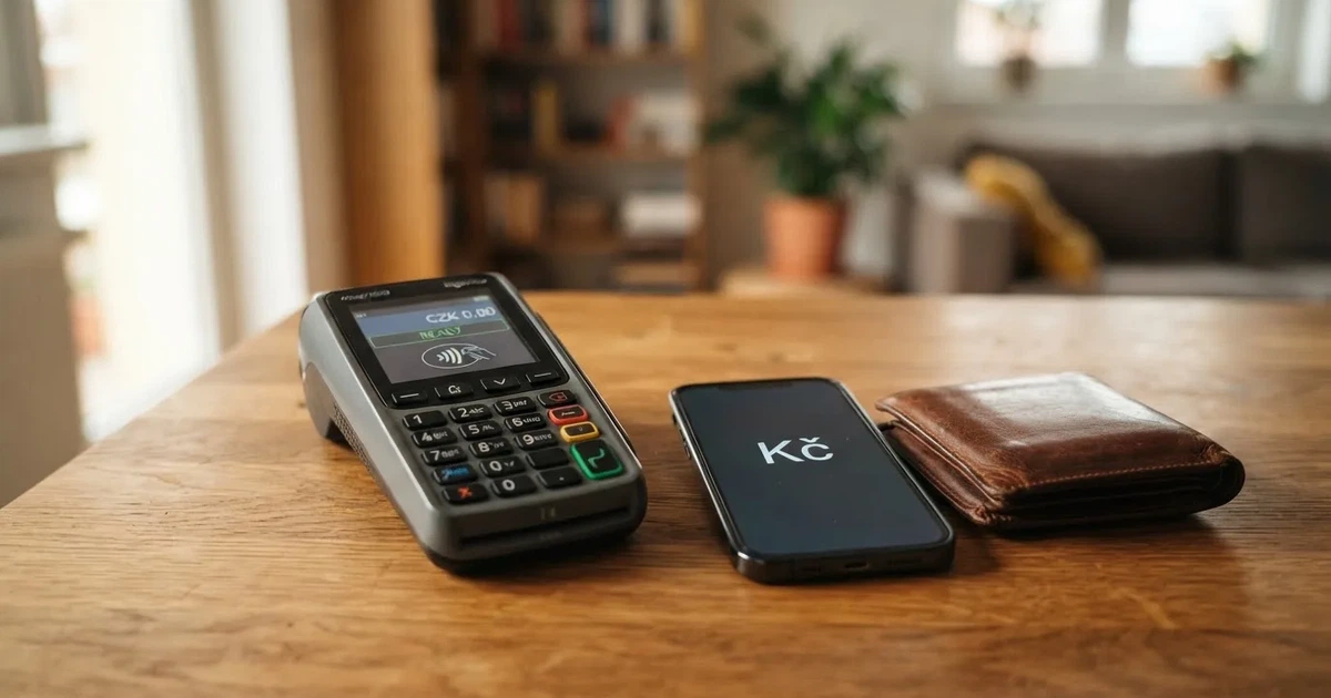 Platební terminál a telefon na dřevěném stole vedle peněženky — casino platba paysafecard