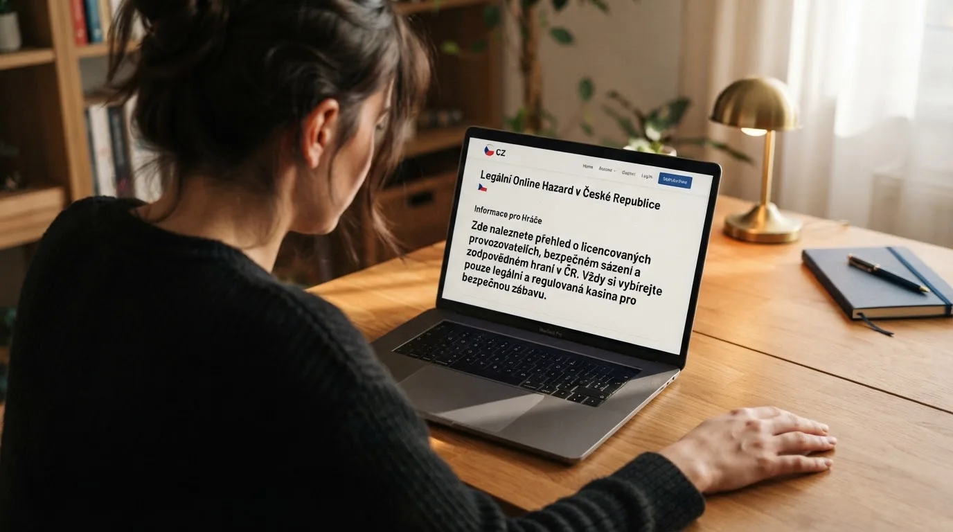 Člověk u notebooku čte informační stránku o online hazardu v Česku — hrací automaty hrací automaty zdarma online