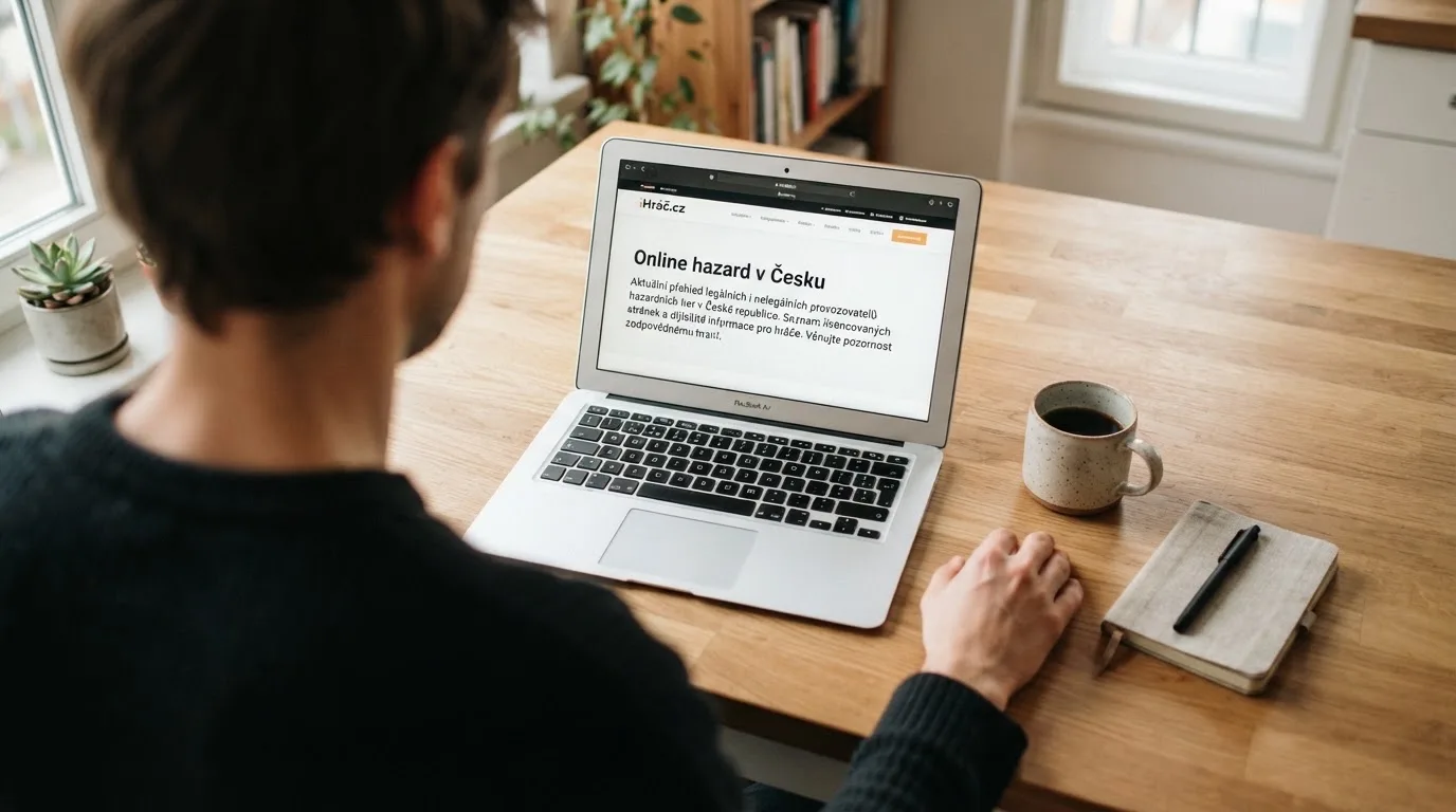 Člověk u notebooku čte informační stránku o online hazardu v Česku — hrací automaty zdarma ke stažení