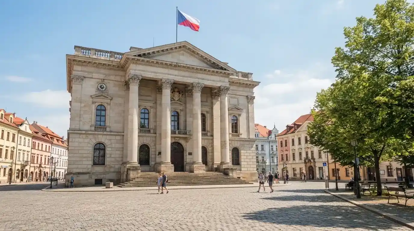 Kamenná budova se sloupy a vlajkou stojí na náměstí za slunečného dne.