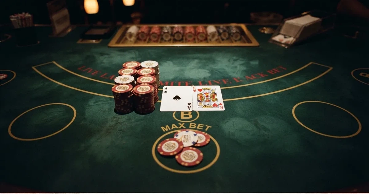 Osvětlený herní stůl s kartami a žetony shora — live blackjack pro české hráče