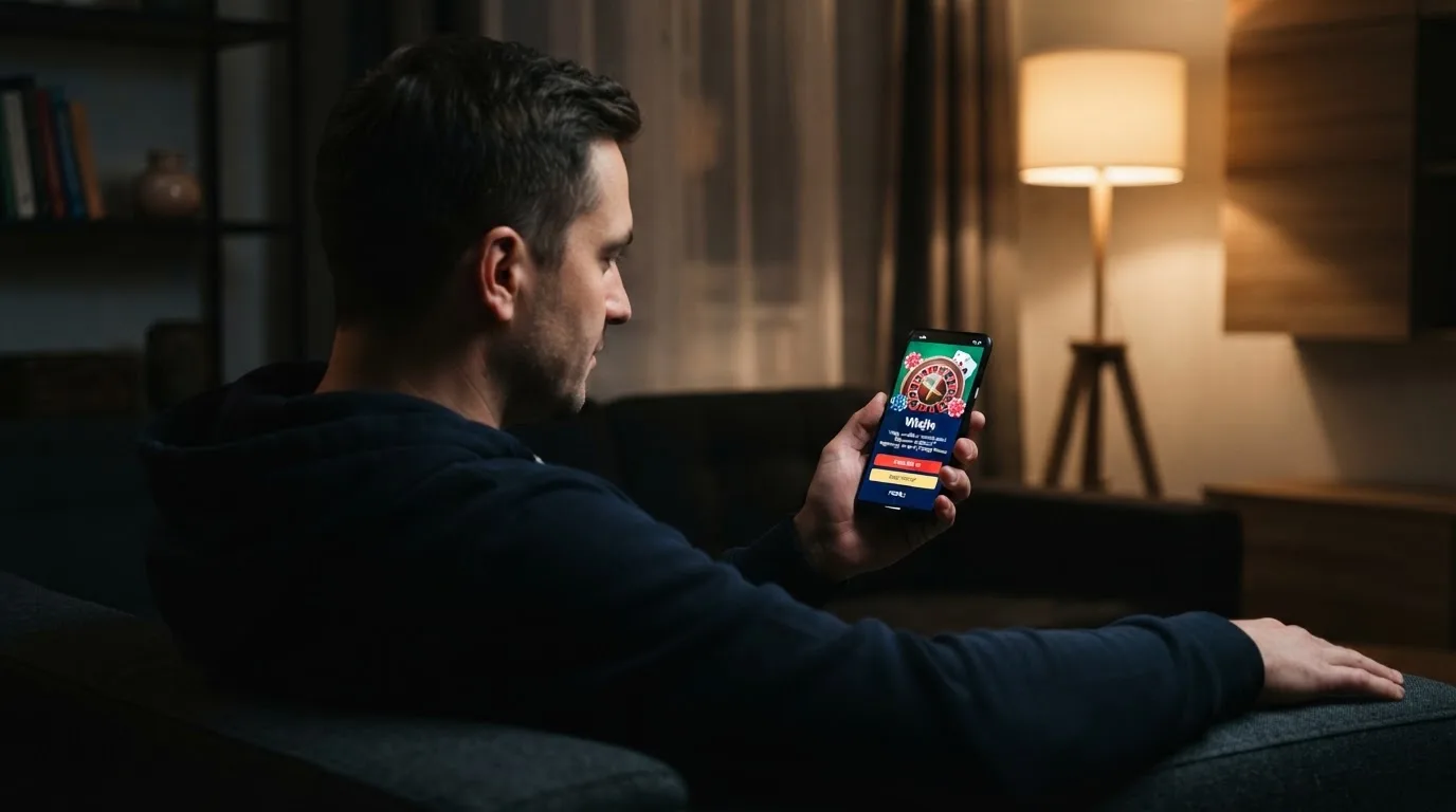 Muž sedí na gauči a poprvé otevírá aplikaci na chytrém telefonu večer.