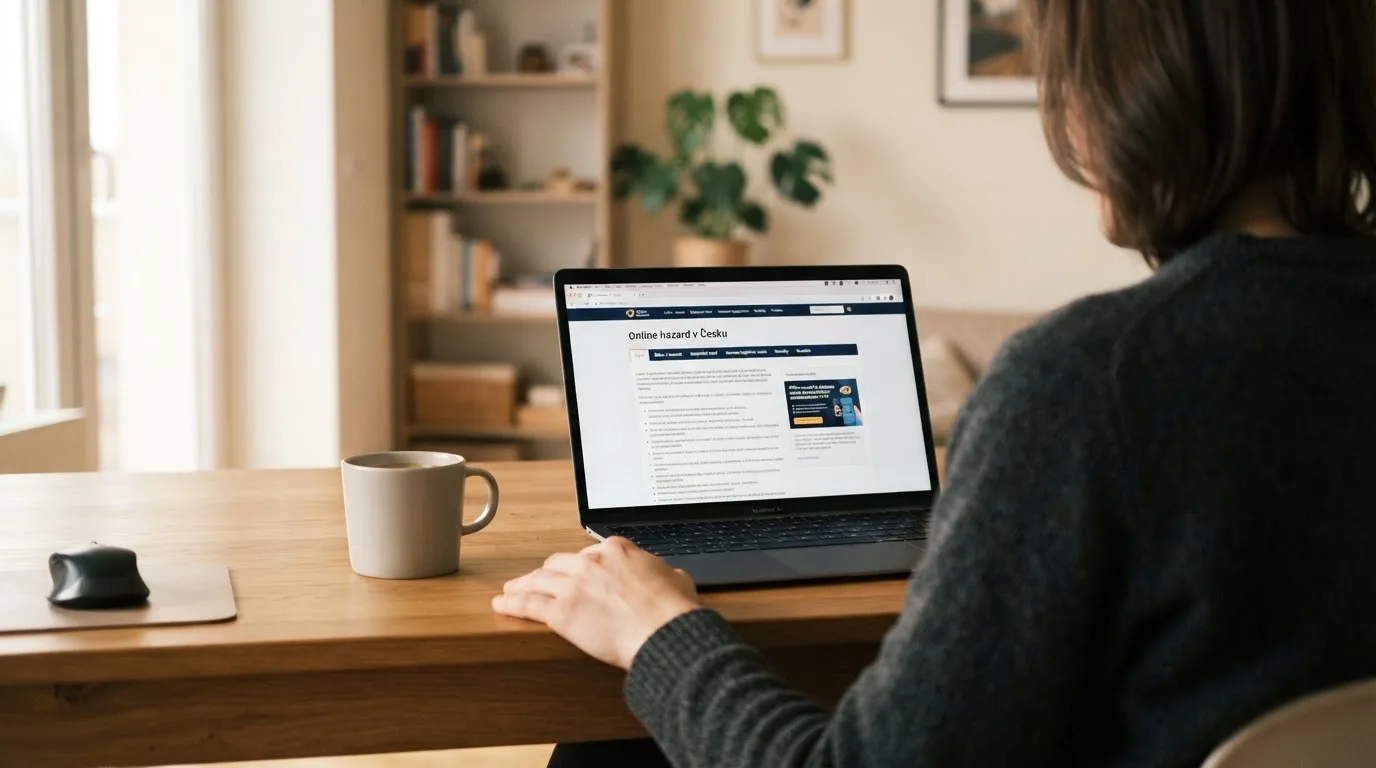 Člověk u notebooku čte informační stránku o online hazardu v Česku — nejlepší automaty online za peníze