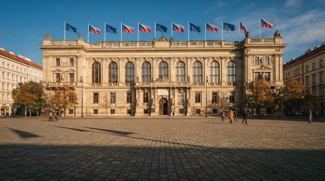 Historická úřední budova s vlajkami na slunečném náměstí — nejlepší krypto casino pro české hráče