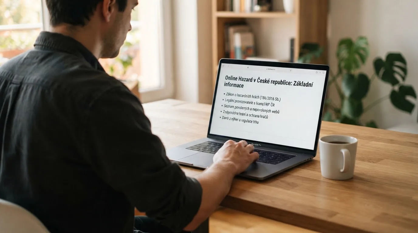 Člověk u notebooku čte informační stránku o online hazardu v Česku — nejlepší krypto kasina cz
