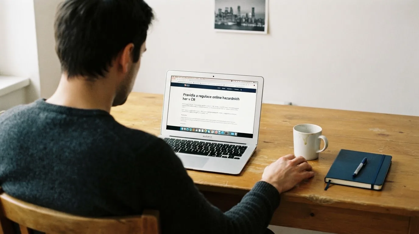 Člověk u notebooku čte informační stránku o online hazardu v Česku — nejlepší mobilní online kasino česká republika