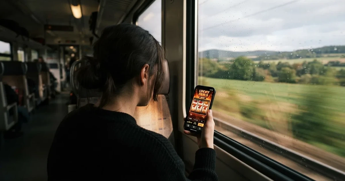 Telefon v ruce ve vlaku, rozmazaná krajina za oknem — nejlepší mobilní online kasino česká republika