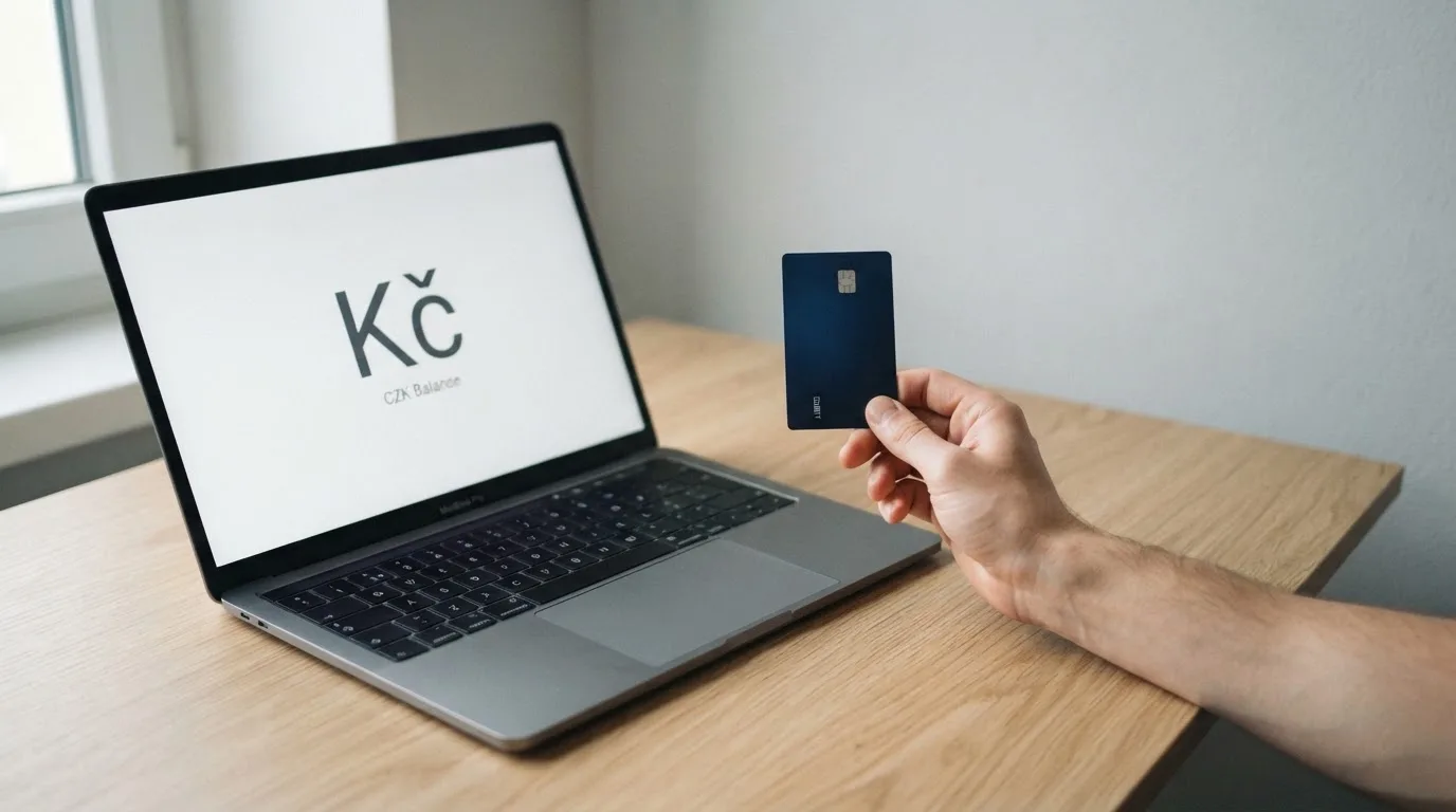 Ruka drží platební kartu vedle notebooku na dřevěném stole v moderním bytě za denního světla.